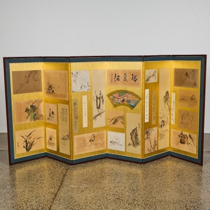 An Early 20 Century Japanese Six Panel Screen with Landscapes, Birds, Flowers and Figures