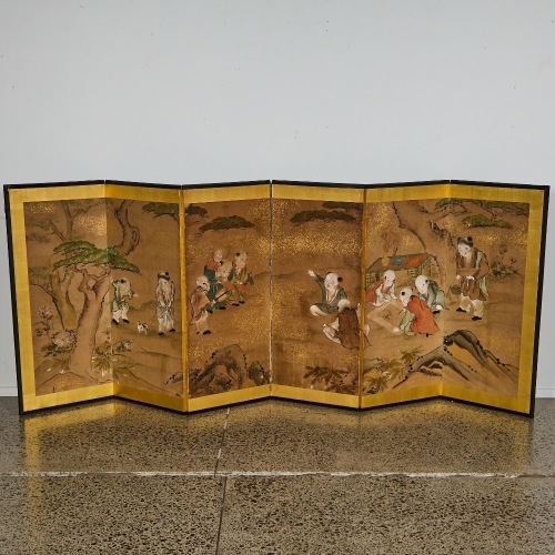 An Early 20 Century Japanese Six Panel Screen Depicting Children at Play