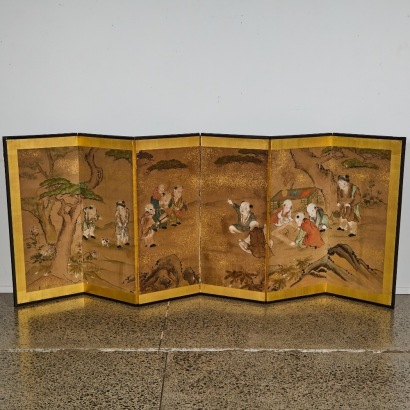 An Early 20 Century Japanese Six Panel Screen Depicting Children at Play