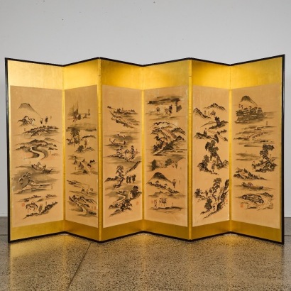 A 20 Century Japanese Large Six Panel Ink Landscape Screen with Figures