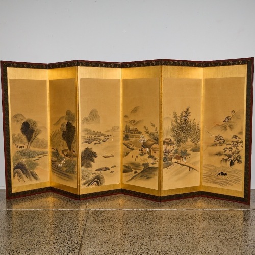 A 20 Century Japanese Large Six Panel Landscape Screen
