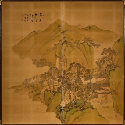 An Early 20 Century Japanese Large Two Panel Landscape Screen on Silk