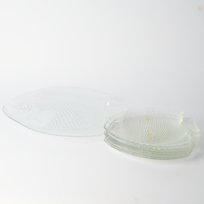 A Set of Six Arcoroc Fish Plates with Platter