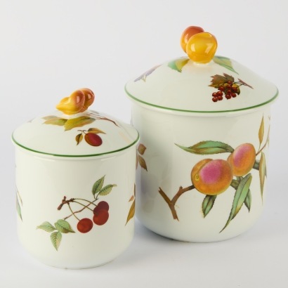 A Pair of Royal Worcester Evesham Vale Canisters, Ironically Signed by 4th Baron Wedgwood, 1993