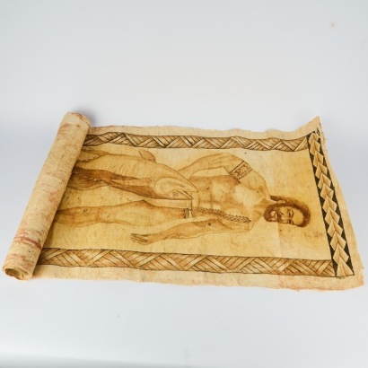 A vintage Tapa cloth illustrated with a Tuna fisherman