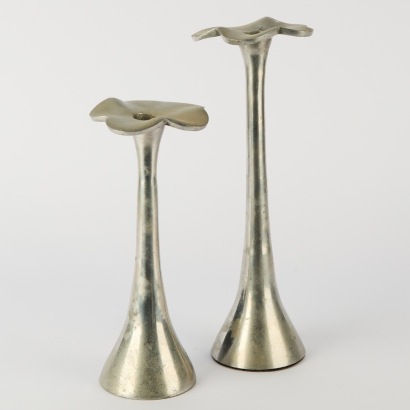 A Pair of Vintage Aluminium Abstract Flower Candle Holders