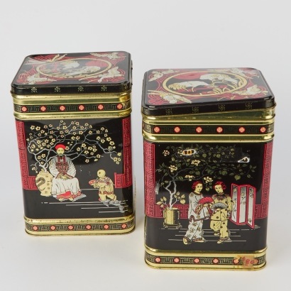 A pair of Large Vintage Black Japan Tea Caddys Height 220mm