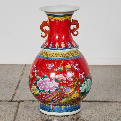 A Chinese Polychrome Floral Two Handled Large Vase