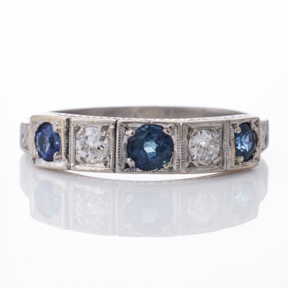 Palladium, Vintage, 0.42ct Sapphire / 0.14ct Diamond Five Stone Ring