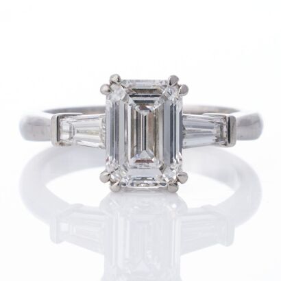 Village Goldsmith, Platinum, 1.60ct Emerald Cut, D colour, Flawless / 0.37ct Baguette Diamond Ring - GIA certified