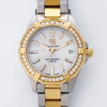 Stainless Steel / Yellow Gold Plated, 32mm TAG Heuer Aquaracer Lady Diamond Bezel Quartz Wristwatch, circa 2010's