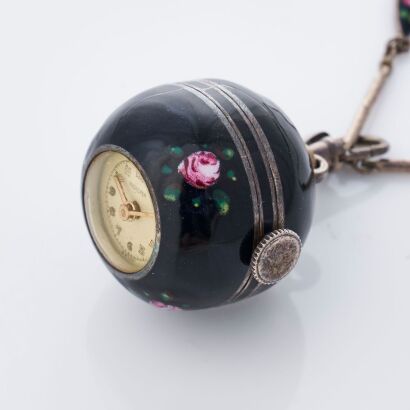 Silver / Black Enamel, 15.2mm Bucherer Ball Watch with Rose Motif on Chain, circa 1940s&ndash;1950s
