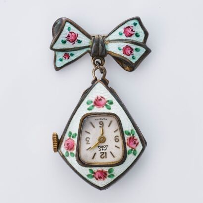Sterling Silver / Light Blue Enamel, Lotos Fob Pin Watch by Knoll & Pregizer, Made in Germany, circa 1940's