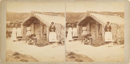 BURTON BROTHERS A stereoscope pair of Māori Displaying a Hongi outside a Wharenui