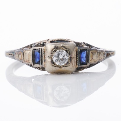 9ct White Gold, Vintage 0.10ct Diamond / Synthetic Sapphire Ring