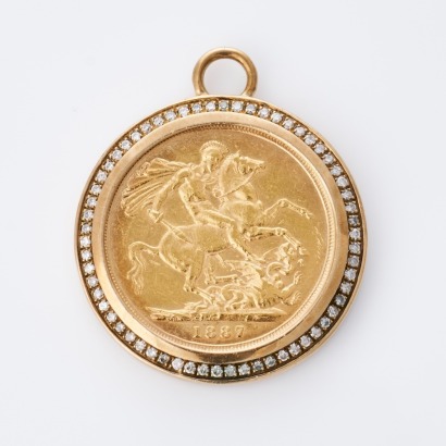 22ct Gold, 1887 Sovereign Coin, 10ct Yellow Gold / 0.30ct Diamond Pendant