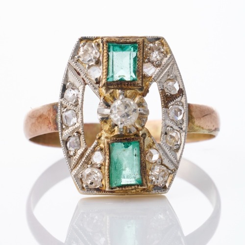 8ct Yellow Gold / 15ct Rose Gold, Art Deco, Emerald / Diamond Ring