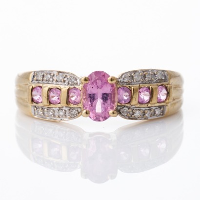 9ct Yellow Gold, 0.75ct Pink Sapphire / 0.08ct Diamond Dress Ring