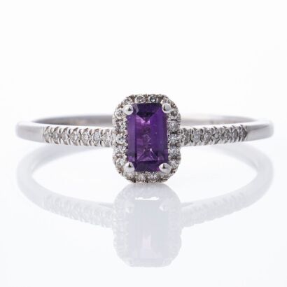 Michael Hill, 10ct White Gold, Rectangular Cut Amethyst / 0.08ct Diamond Cluster Ring