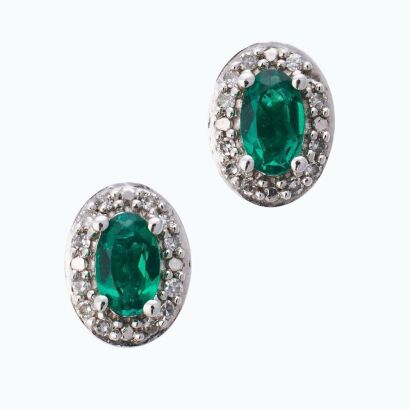 Michael Hill, 10ct White Gold, Synthetic Emerald / Diamond Cluster Stud Earrings