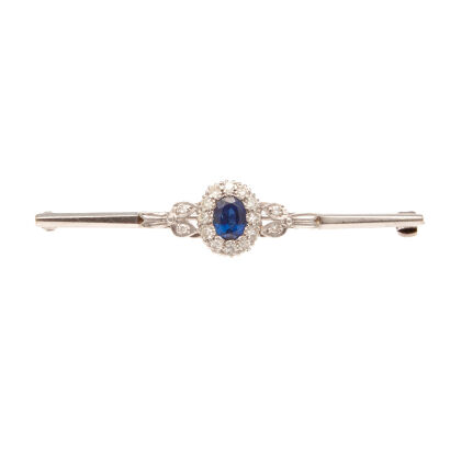 Platinum Sapphire and Diamond Cluster Bar Brooch