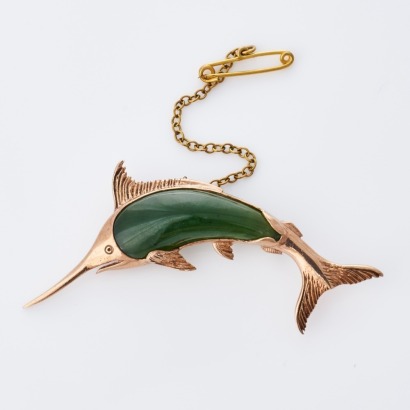 9ct Rose Gold, Vintage, Neprite / Jade Marlin Brooch