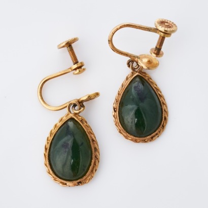 9ct Yellow Gold, Vintage, Nephrite / Jade Drop Earrings