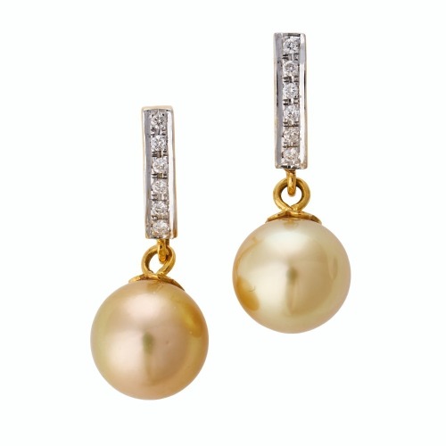 18ct Yellow Gold, Burmese South Sea Pearl / 0.10ct Diamond Earrings - Near new