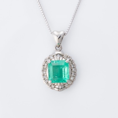 Platinum, 2.00ct Emerald / 0.30ct Diamond Pendant on 45cm, 18ct White Gold, Box Chain