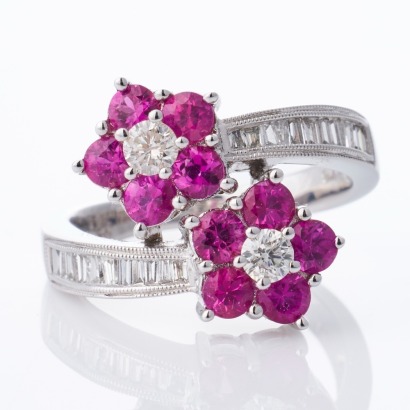 18ct White Gold, 1.38ct Ruby / 0.58ct Diamond Bypass Ring