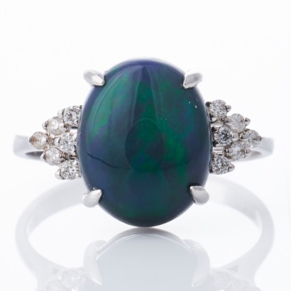 18ct White Gold, 4.10ct Cabochon Cut Black Opal / 0.13ct Diamond Ring