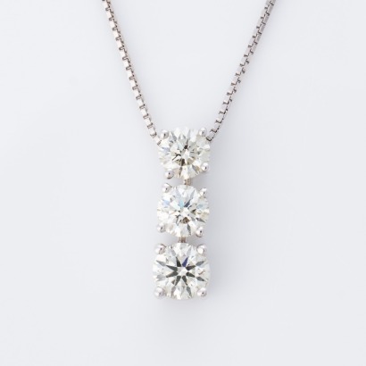 18ct White Gold, 1.00ct Diamond Three Stone Pendant on 43cm Box Chain