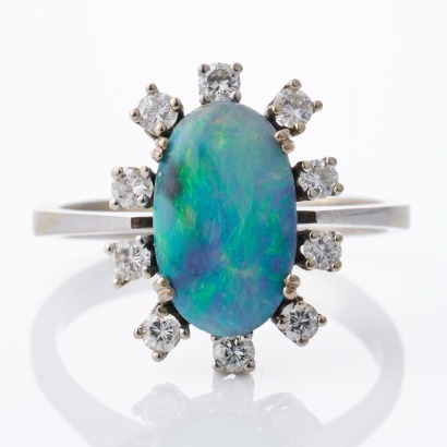 14ct White Gold, Cabochon Cut Black Opal / 0.30ct Diamond Ring