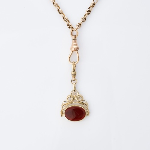 7-8ct Rose Gold, 169cm Victorian-Style Muff Chain with 9ct Gold Onyx / Carnelian Fob Seal
