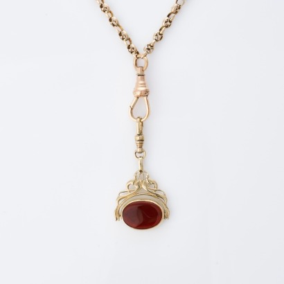 7-8ct Rose Gold, 169cm Victorian-Style Muff Chain with 9ct Gold Onyx / Carnelian Fob Seal