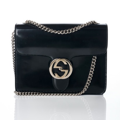 Gucci, Black Smooth Leather Interlocking GG Shoulder Bag