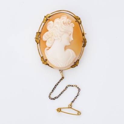 Gold Plated, Hand Carved, Shell Female Profile Cameo Brooch