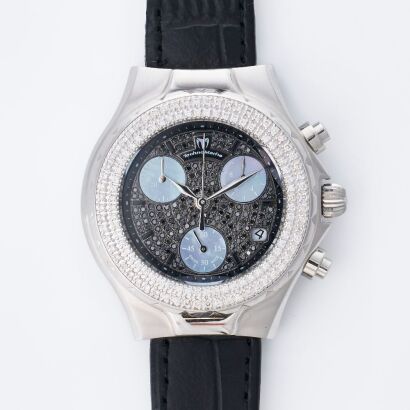 Stainless Steel, 39mm Black / White Diamond Technomarine Quartz Chronograph Wristwatch, circa early 2000's