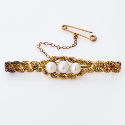 14ct Yellow Gold, Handmade, Cultured Pearl Bar Brooch