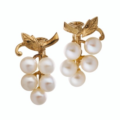 14ct Yellow Gold, Round Cultured Pearl, Vine / Leaf Design Clip on Earrings