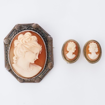 Vintage, Silver Carved Shell Cameo Brooch / Matching Earrings Suite