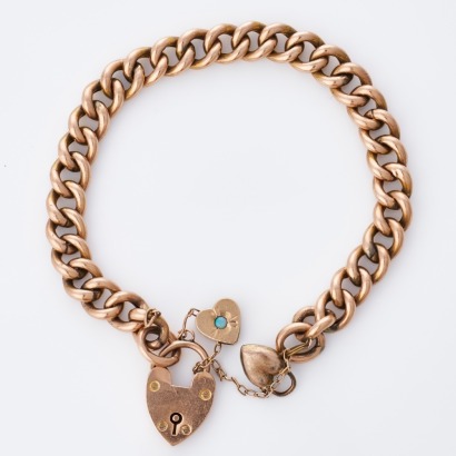 9ct Rose Gold, Vintage, 18cm Curb-Link Bracelet with Heart Padlock & Charms