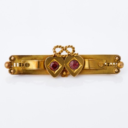9ct Yellow Gold, Vintage, Pink Glass Heart-Motif Bar Brooch