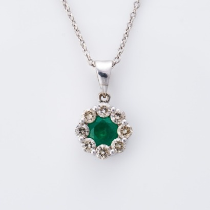 Walker & Hall, 18ct White Gold, 0.50ct Emerald / 0.40ct Diamond Cluster Pendant on 9ct White Gold Chain