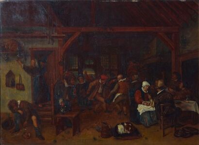 AFTER JAN STEEN, ATTRIBUTED TO ALIDOR LAMOTE Peasants Dancing in a Tavern, 19th Century copy of 17th Century Dutch master Adrian Van Ostade