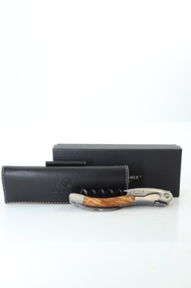 (1) Laguiole Tradition Sommelier Olive Wood Wine Knife with Black Leather Pouch (GB) - (10 Year Warranty)