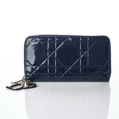 Christian Dior, Blue Cannage Patent Leather Zip-Around Wallet with Box