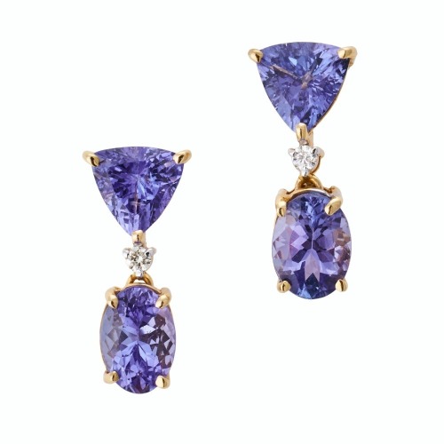 14ct Yellow Gold, Trilliant Cut Tanzanite / 0.04ct Diamond Drop Earrings