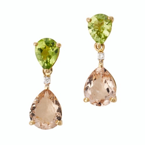 14ct Yellow Gold, 2.00ct Peridot, 3.00ct Morganite / 0.04ct Diamond Drop Earrings
