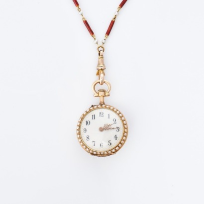 18ct Gold, Late 19th Century, Enamel / Seed Pearl Pendant Watch with Enamel / Seed Pearl Chain